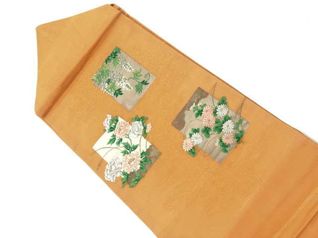 リサイクル　絽綴れ色紙に藤・牡丹・菊模様織出し名古屋帯